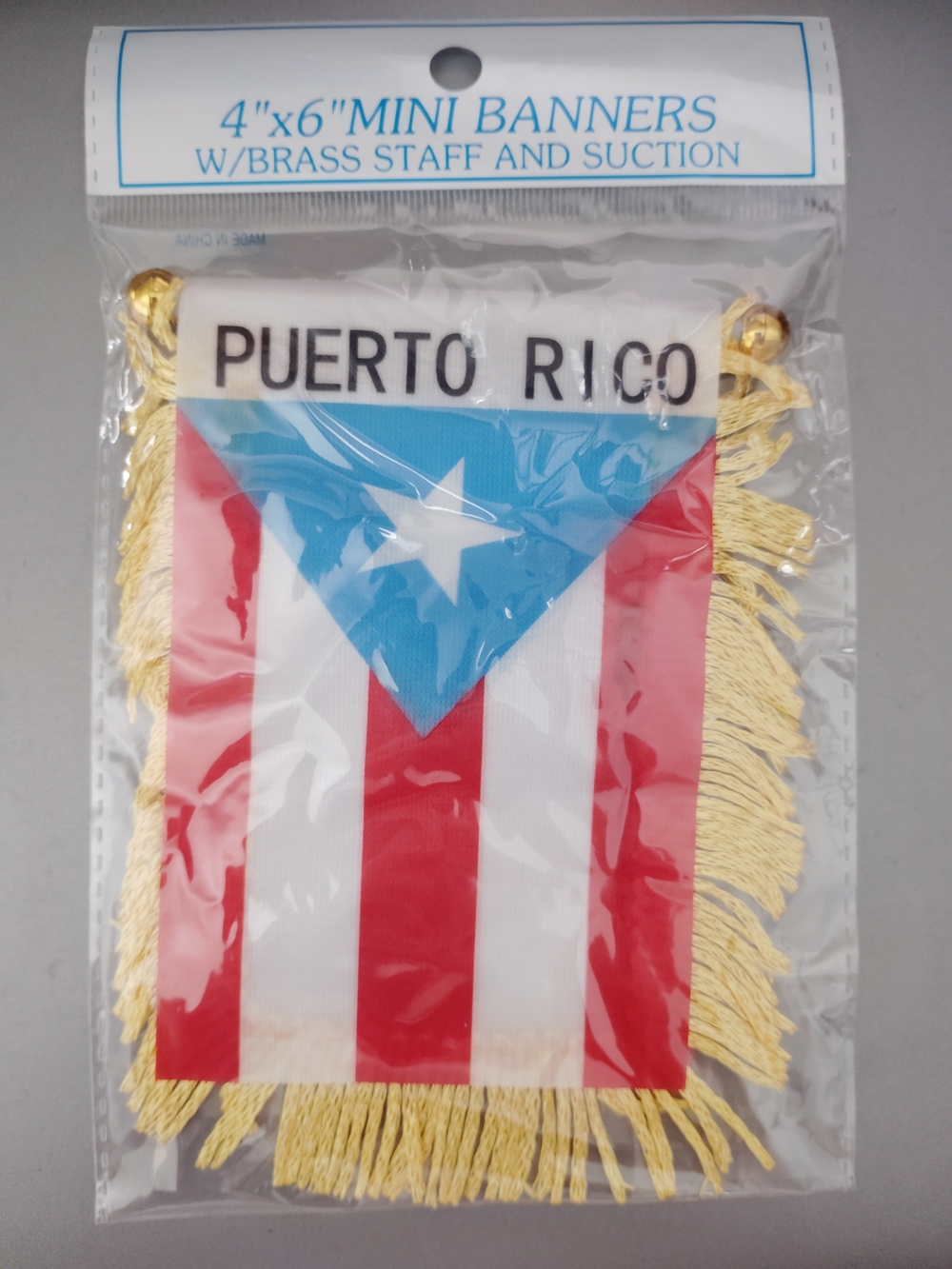 Puerto Rico Mini Banner with Gold Fringe - Red, Blue & White